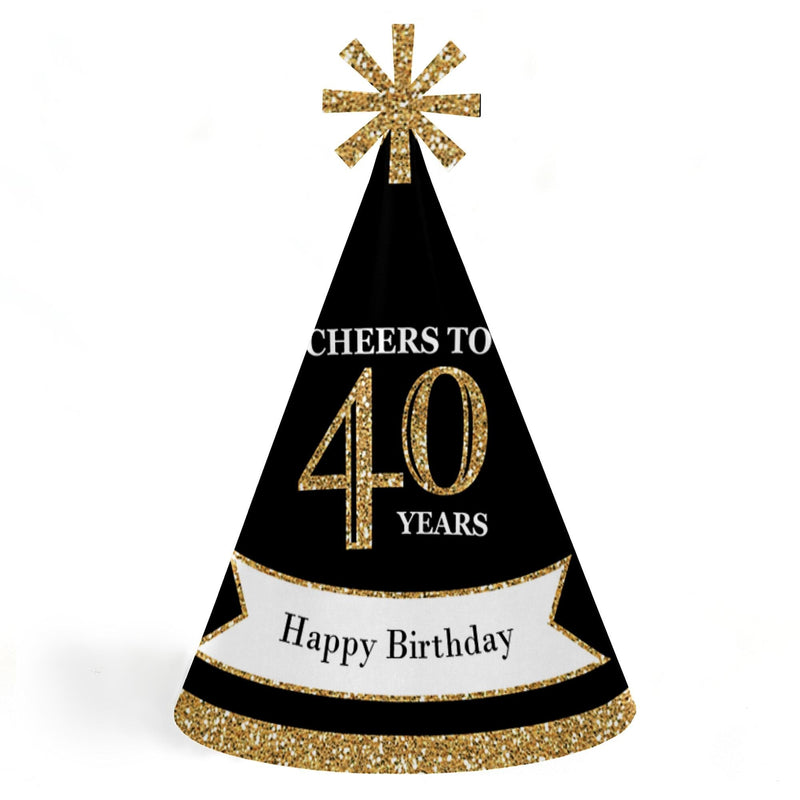 Adult 40th Birthday - Gold - Cone Birthday Party Hats for Adults - Set of 8 (Standard Size)