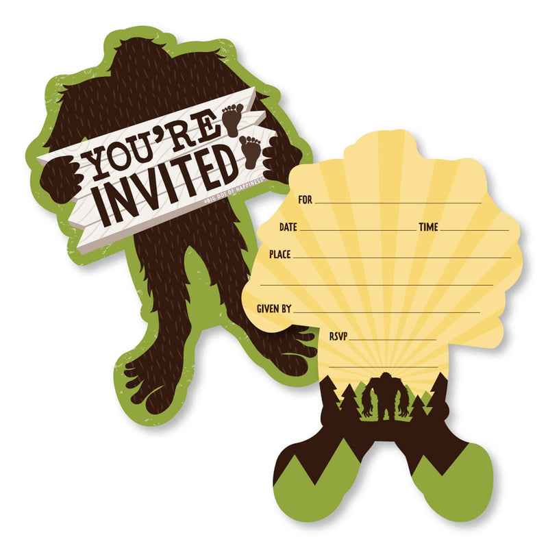 Sasquatch Crossing - Shaped Fill-In Invitations - Bigfoot Party or Birthday Party Invitation Cards with Envelopes - Set of 12