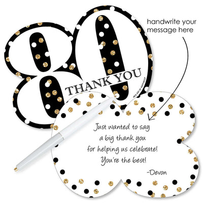 Adult 80th Birthday - Gold - Shaped Thank You Cards - Birthday Party Thank You Note Cards with Envelopes - Set of 12