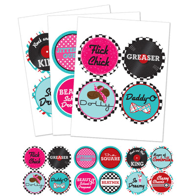50's Sock Hop - 1950s Rock N Roll Party Funny Name Tags - Party Badges Sticker Set of 12