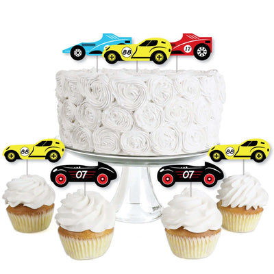 Let's Go Racing - Racecar - Dessert Cupcake Toppers - Race Car Birthday Party or Baby Shower Clear Treat Picks - Set of 24