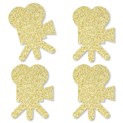 Gold Glitter Movie Camera - No-Mess Real Gold Glitter Cut-Outs - Red Carpet Hollywood Movie Night Party Confetti - Set of 24