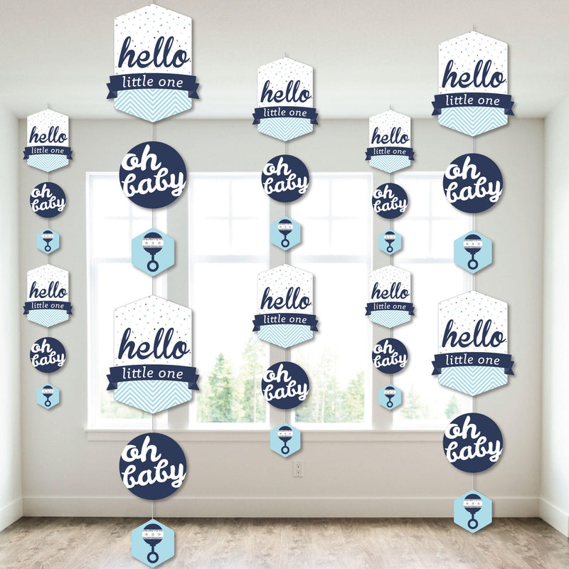 Hello Little One - Blue and Silver - Boy Baby Shower DIY Dangler Backdrop - Hanging Vertical Decorations - 30 Pieces