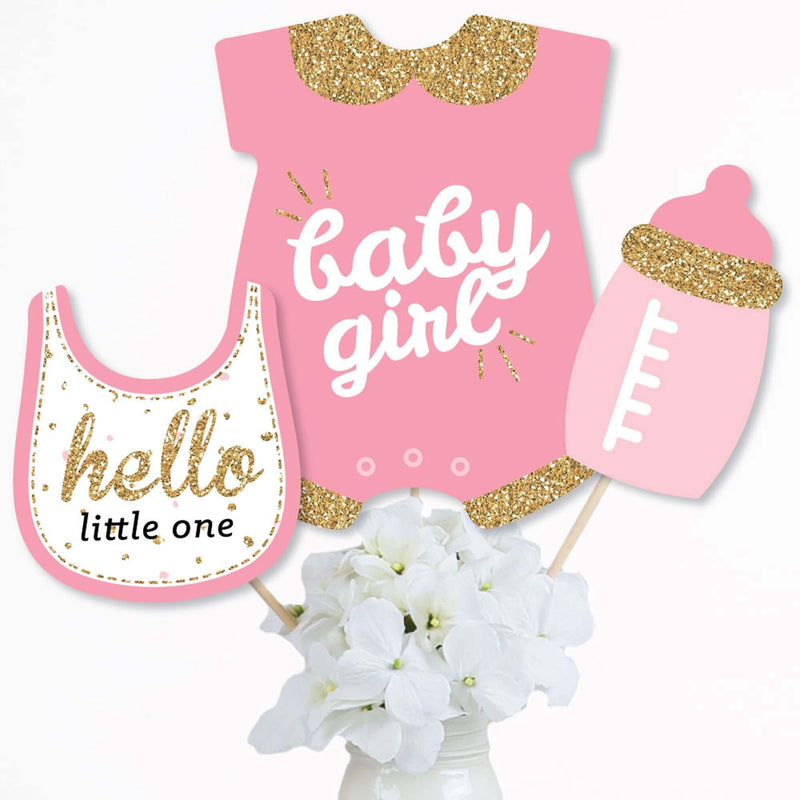 Hello Little One - Pink and Gold - Girl Baby Shower Party Centerpiece Sticks - Table Toppers - Set of 15