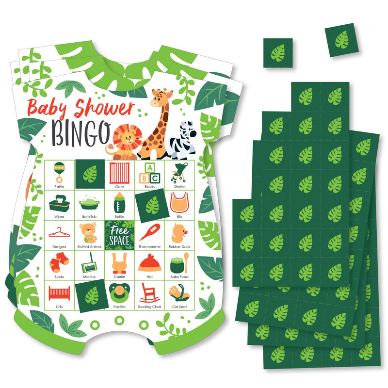 Jungle Party Animals - Picture Bingo Cards and Markers - Safari Zoo Animal Baby Shower Shaped Bingo Game - Set of 18