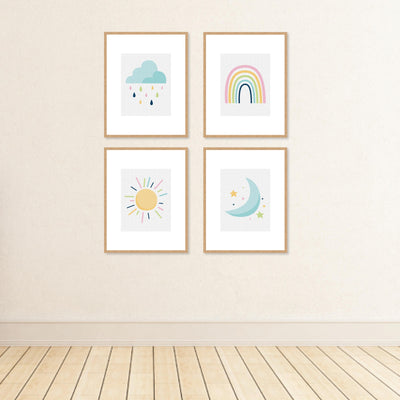 Colorful Children's Decor - Unframed Rainbow, Cloud, Sun, and Moon Linen Paper Wall Art - Set of 4 - Artisms - 8 x 10 inches