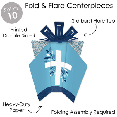 Blue Elegant Cross - Table Decorations - Boy Religious Party Fold and Flare Centerpieces - 10 Count