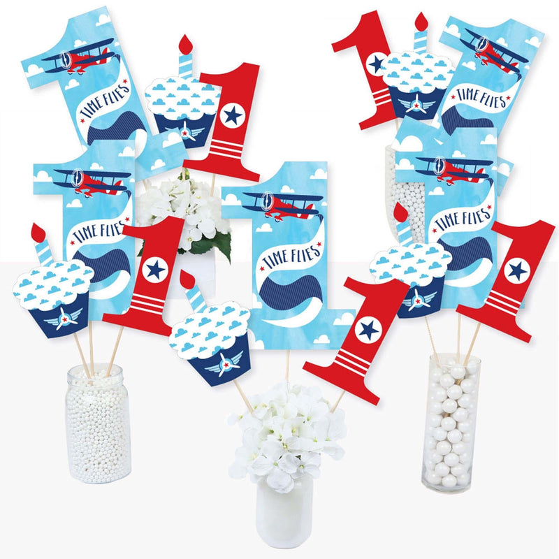 1st Birthday Taking Flight - Airplane - Vintage Plane First Birthday Party Centerpiece Sticks - Table Toppers - Set of 15