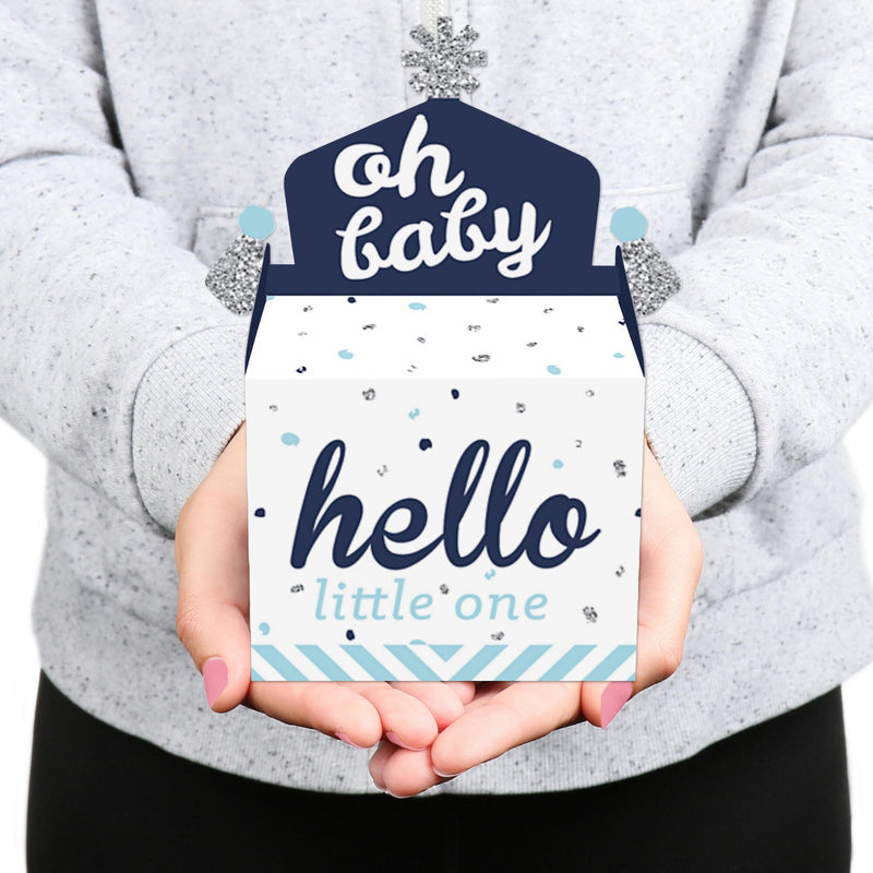 Hello Little One - Blue and Silver - Treat Box Party Favors - Boy Baby Shower Goodie Gable Boxes - Set of 12