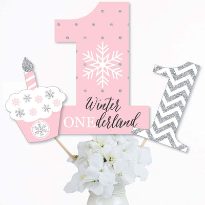 Pink ONEderland - Snowflake Winter Wonderland First Birthday Party Centerpiece Sticks - Table Toppers - Set of 15