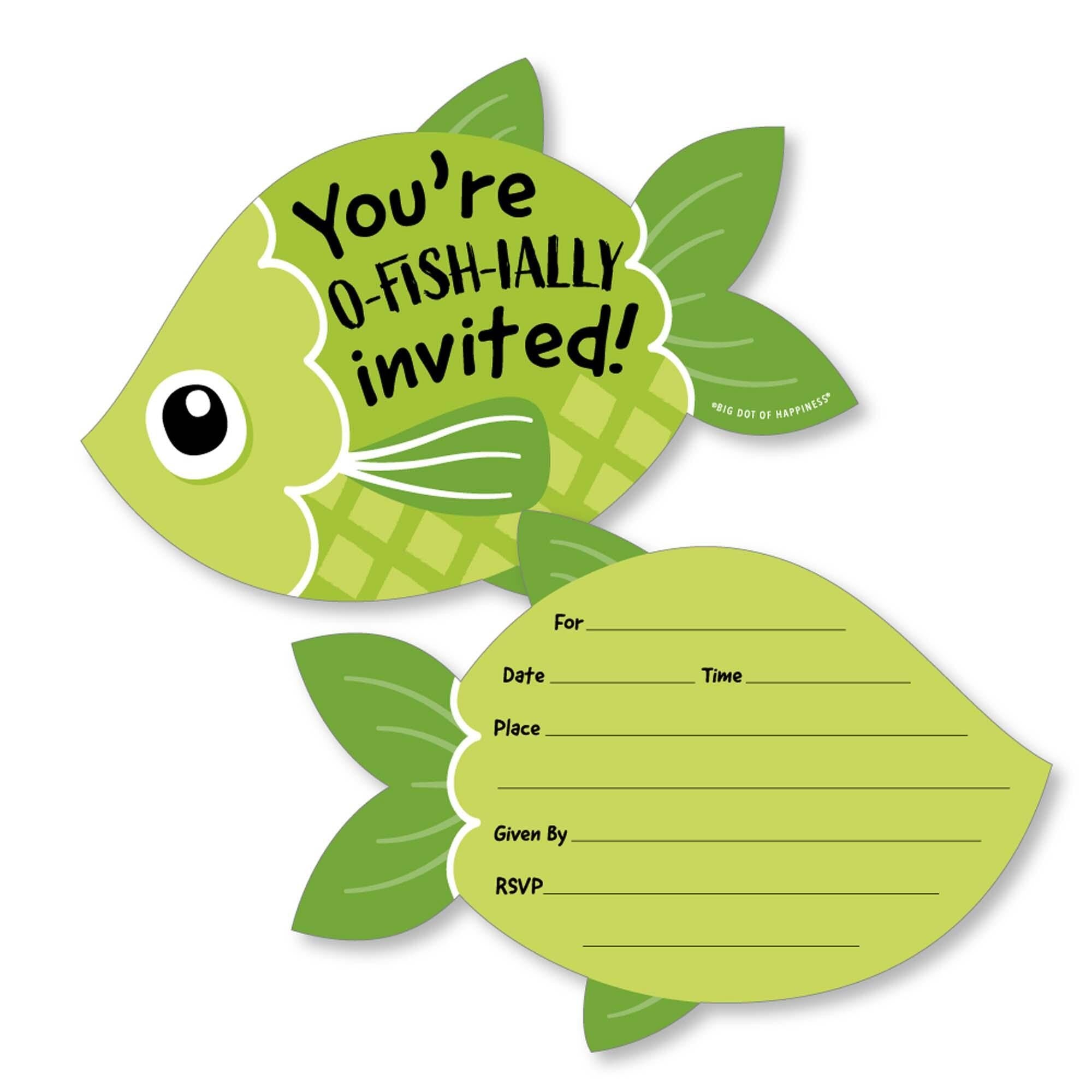 Let's Go Fishing - Shaped Fill-in Invitations - Fish Themed Birthday Party or Baby Shower Invitation Cards with Envelopes - Set of 12