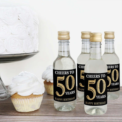 Adult 50th Birthday - Gold - Mini Wine and Champagne Bottle Label Stickers - Birthday Party Favor Gift - For Women and Men - Set of 16