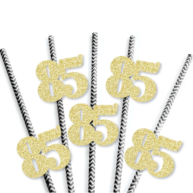 Gold Glitter 85 Party Straws - No-Mess Real Gold Glitter Cut-Out Numbers & Decorative 85th Birthday Party Paper Straws - Set of 24