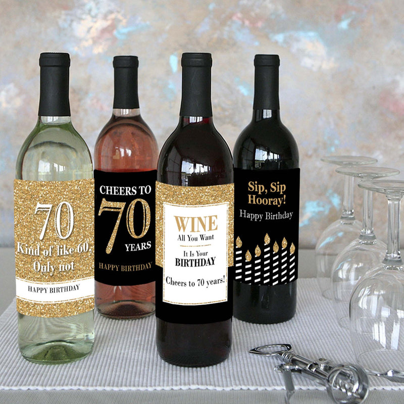 Adult 70th Birthday - Gold - Decorations for Women and Men - Wine Bottle Label Birthday Party Gift - Set of 4