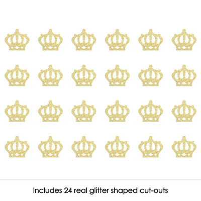 Gold Glitter Prince Crown - No-Mess Real Gold Glitter Cut-Outs - Royal Prince Charming Baby Shower or Birthday Party Confetti - Set of 24