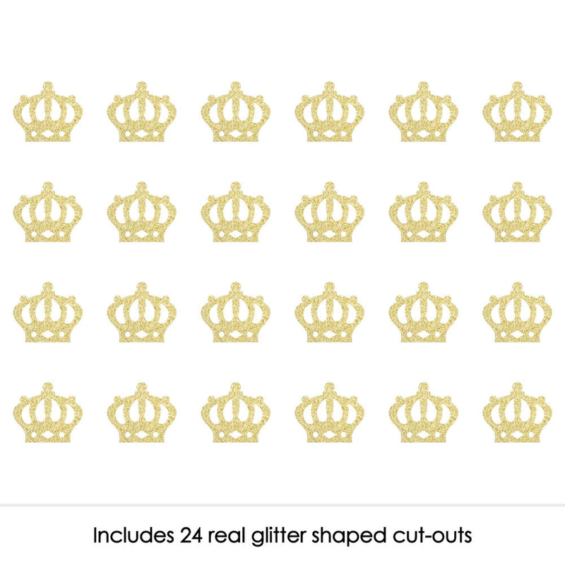 Gold Glitter Prince Crown - No-Mess Real Gold Glitter Cut-Outs - Royal Prince Charming Baby Shower or Birthday Party Confetti - Set of 24