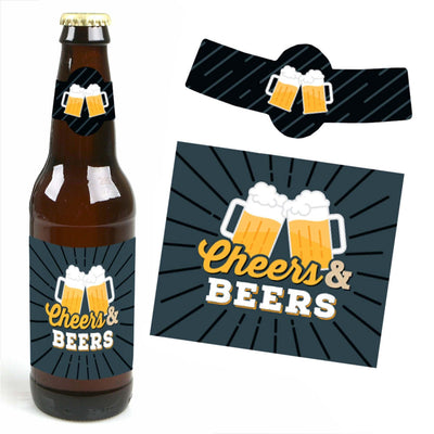 Cheers and Beers Happy Birthday - Decorations for Women and Men - 6 Beer Bottle Label Stickers and 1 Carrier