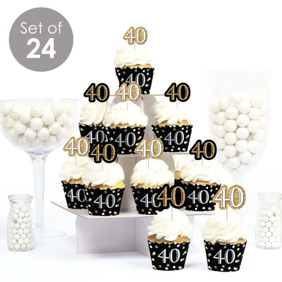 Adult 40th Birthday - Gold - Cupcake Decorations - Birthday Party Cupcake Wrappers and Treat Picks Kit - Set of 24