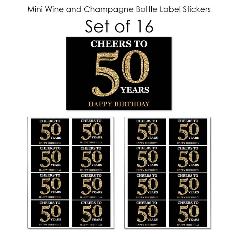 Adult 50th Birthday - Gold - Mini Wine and Champagne Bottle Label Stickers - Birthday Party Favor Gift - For Women and Men - Set of 16
