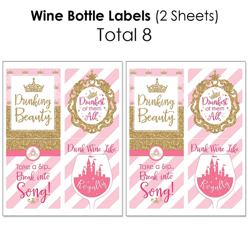 Little Princess Crown - Mini Wine Bottle Labels, Wine Bottle Labels and Water Bottle Labels - Pink and Gold Princess Baby Shower or Birthday Party Decorations - Beverage Bar Kit - 34 Pieces