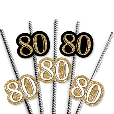 Adult 80th Birthday - Gold - Paper Straw Decor - Birthday Party Striped Decorative Straws - Set of 24