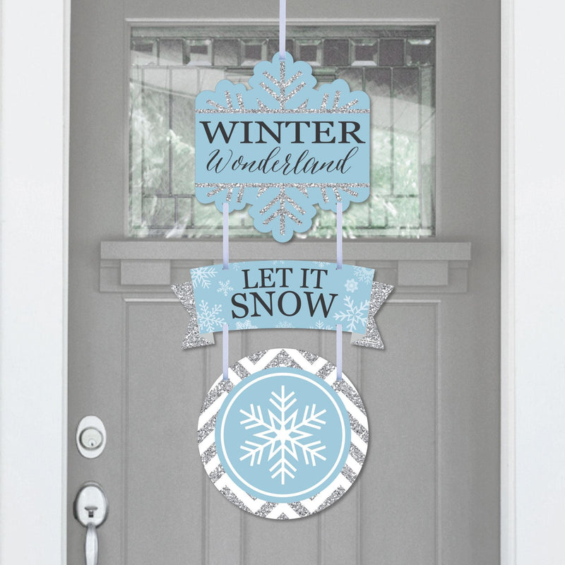 Winter Wonderland - Hanging Porch Snowflake Holiday Party and Winter Wedding Outdoor Decorations - Front Door Decor - 3 Piece Sign