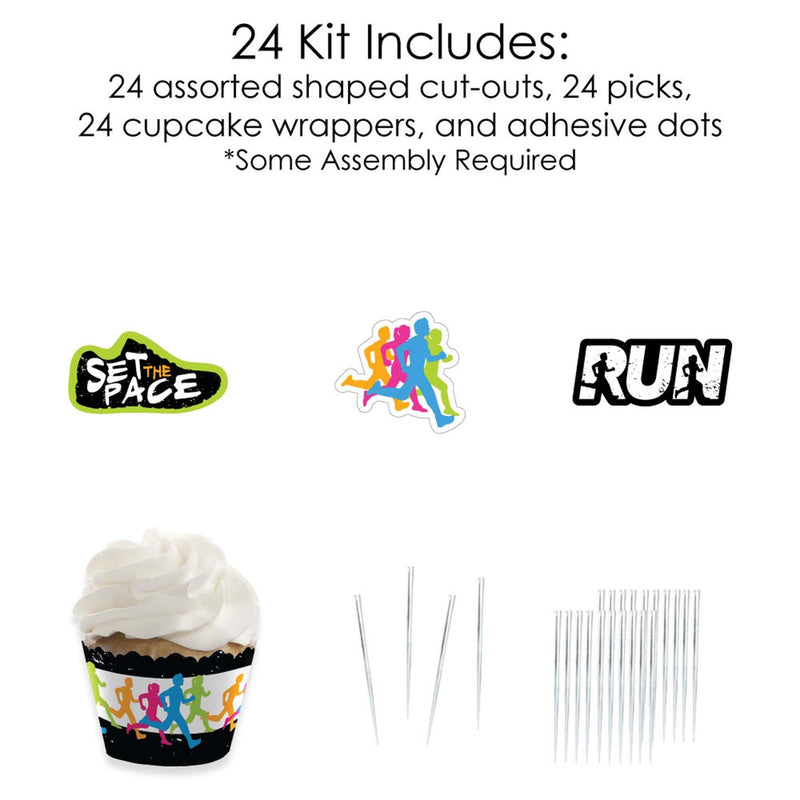 Set The Pace - Running - Cupcake Decoration - Track, Cross Country or Marathon Party Cupcake Wrappers and Treat Picks Kit - Set of 24
