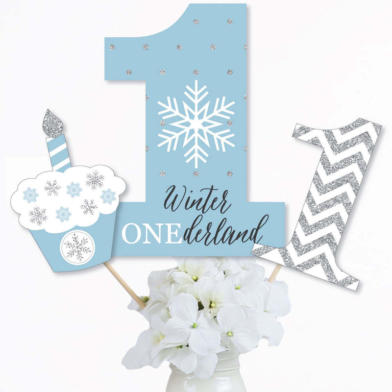 ONEderland - Snowflake Winter Wonderland First Birthday Party Centerpiece Sticks - Table Toppers - Set of 15