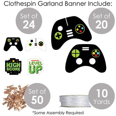 Game Zone - Pixel Video Game Party or Birthday Party DIY Decorations - Clothespin Garland Banner - 44 Pieces