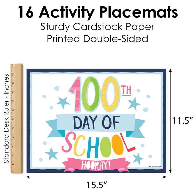 Happy 100th Day of School - Paper 100 Days Party Coloring Sheets - Activity Placemats - Set of 16