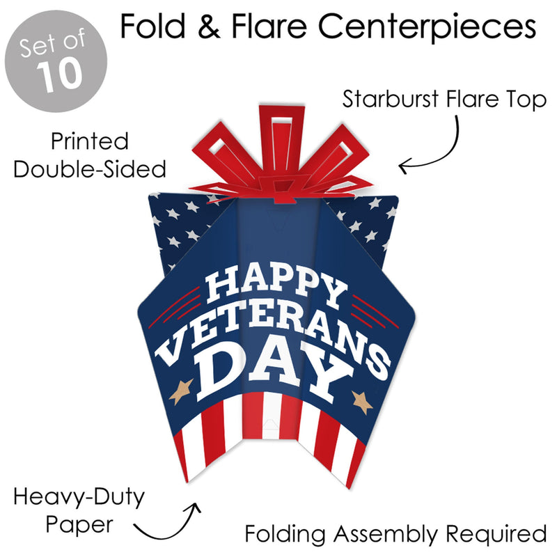 Happy Veterans Day - Table Decorations - Patriotic Fold and Flare Centerpieces - 10 Count