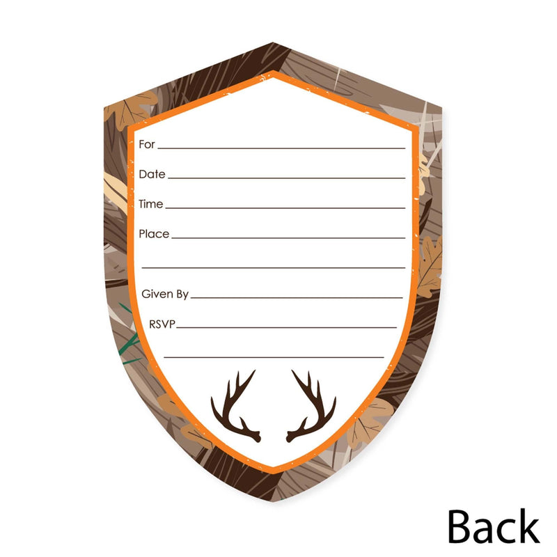 Gone Hunting - Shaped Fill-In Invitations - Deer Hunting Camo Party Invitation Cards with Envelopes - Set of 12
