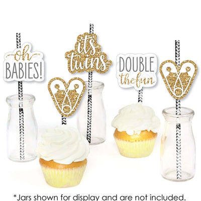 It's Twins - Paper Straw Decor - Gold Twins Baby Shower Striped Decorative Straws - Set of 24