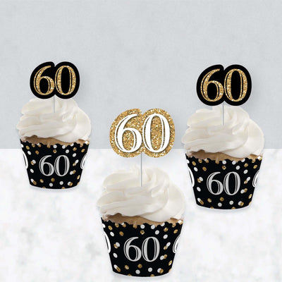 Adult 60th Birthday - Gold - Cupcake Decorations - Birthday Party Cupcake Wrappers and Treat Picks Kit - Set of 24