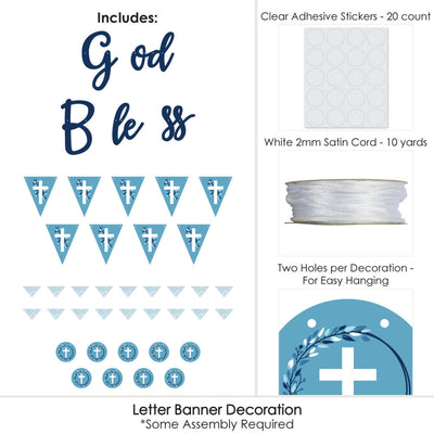 Blue Elegant Cross - Boy Religious Party Letter Banner Decoration - 36 Banner Cutouts and God Bless Banner Letters