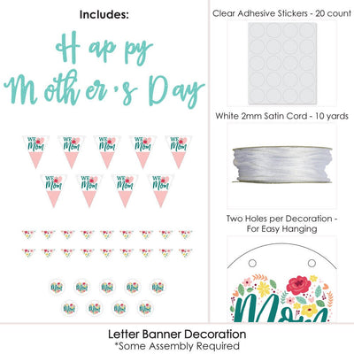 Colorful Floral Happy Mother's Day - We Love Mom Party Letter Banner Decoration - 36 Banner Cutouts and Happy Mother's Day Banner Letters