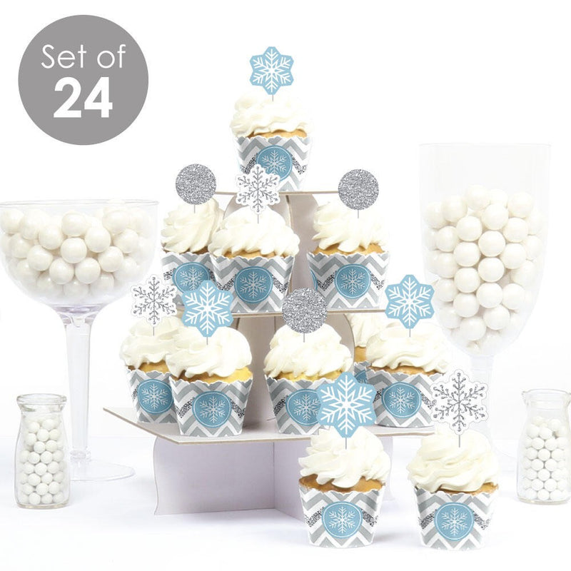 Winter Wonderland - Cupcake Decoration - Snowflake Holiday Birthday Party and Baby Shower Cupcake Wrappers and Treat Picks Kit - Set of 24