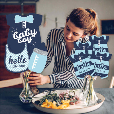 Hello Little One - Blue and Silver - Boy Baby Shower Party Centerpiece Sticks - Showstopper Table Toppers - 35 Pieces