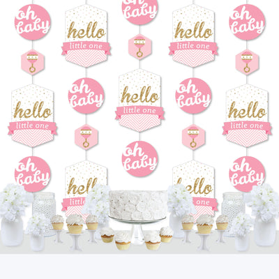 Hello Little One - Pink and Gold - Girl Baby Shower DIY Dangler Backdrop - Hanging Vertical Decorations - 30 Pieces
