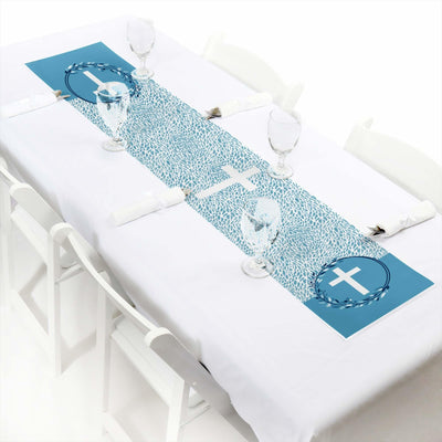 Blue Elegant Cross - Petite Boy Religious Party Paper Table Runner - 12" x 60"