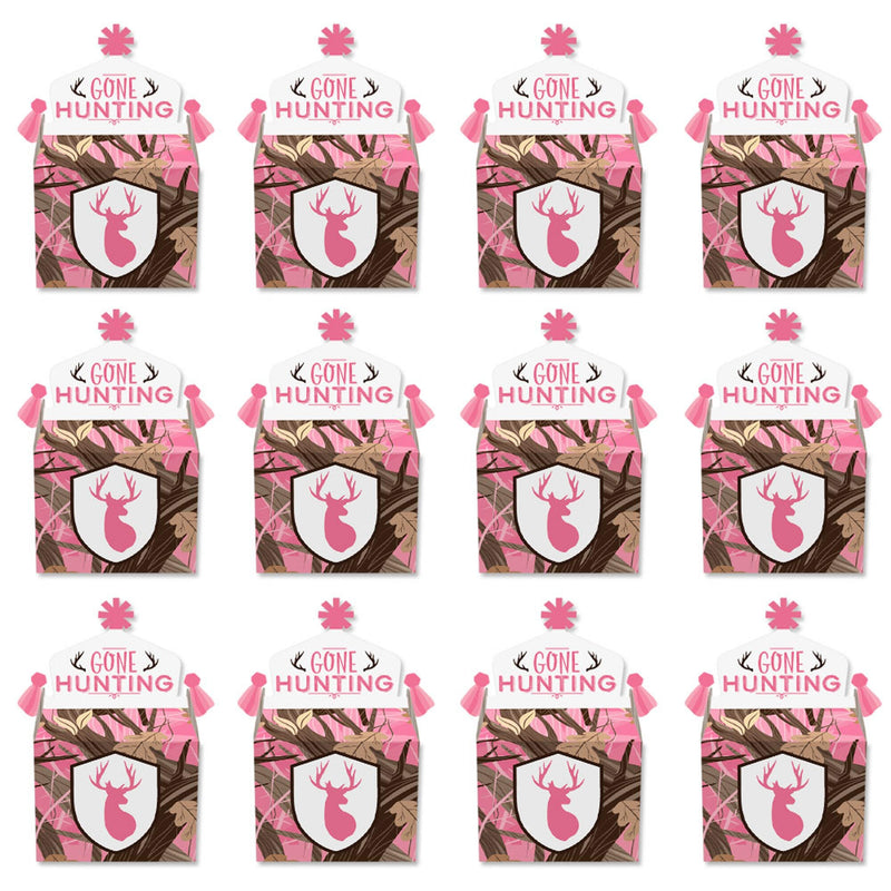 Pink Gone Hunting - Treat Box Party Favors - Deer Hunting Girl Camo Baby Shower or Birthday Party Goodie Gable Boxes - Set of 12