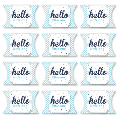 Hello Little One - Blue and Silver - Favor Gift Boxes - Boy Baby Shower Large Pillow Boxes - Set of 12