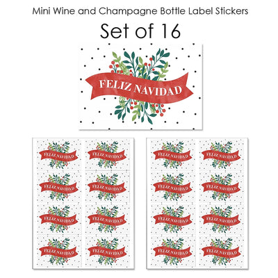 Feliz Navidad - Mini Wine and Champagne Bottle Label Stickers - Holiday and Spanish Christmas Party Favor Gift - For Women and Men - Set of 16