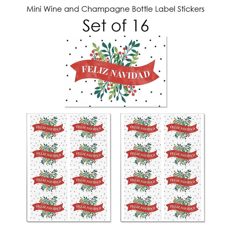 Feliz Navidad - Mini Wine and Champagne Bottle Label Stickers - Holiday and Spanish Christmas Party Favor Gift - For Women and Men - Set of 16
