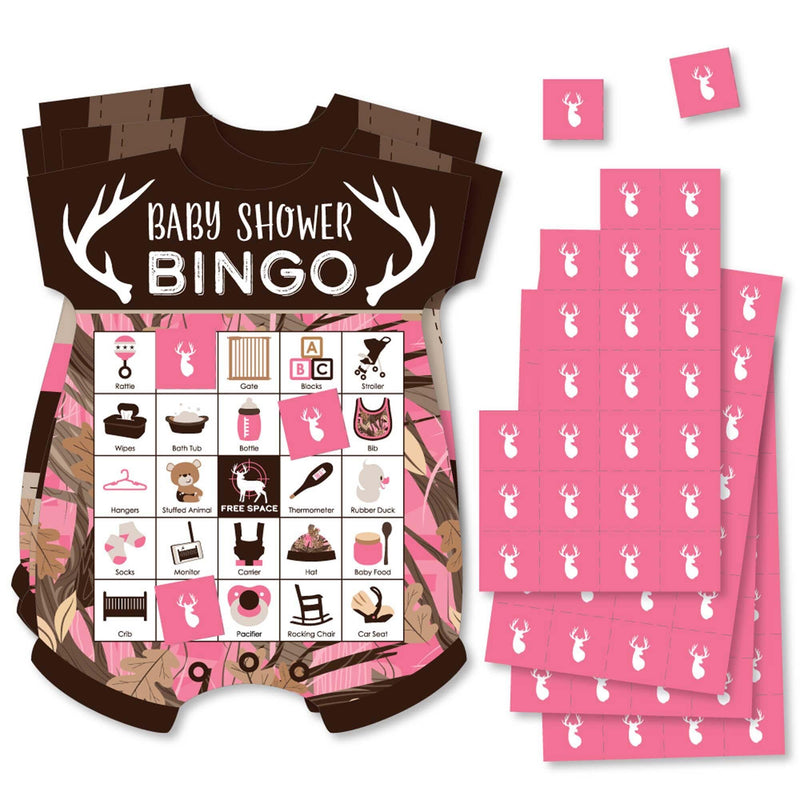 Pink Gone Hunting - Picture Bingo Cards and Markers - Deer Hunting Girl Camo Baby Shower Shaped Bingo Game - Set of 18
