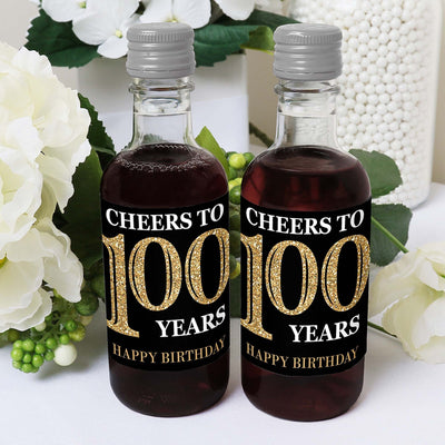 Adult 100th Birthday - Gold - Mini Wine and Champagne Bottle Label Stickers - Birthday Party Favor Gift - For Women and Men - Set of 16