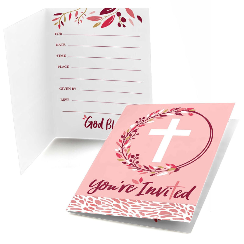 Pink Elegant Cross - Fill in Girl Religious Party Invitations - 8 ct