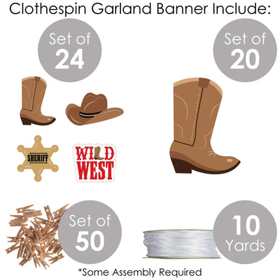 Western Hoedown - Wild West Cowboy Party DIY Decorations - Clothespin Garland Banner - 44 Pieces