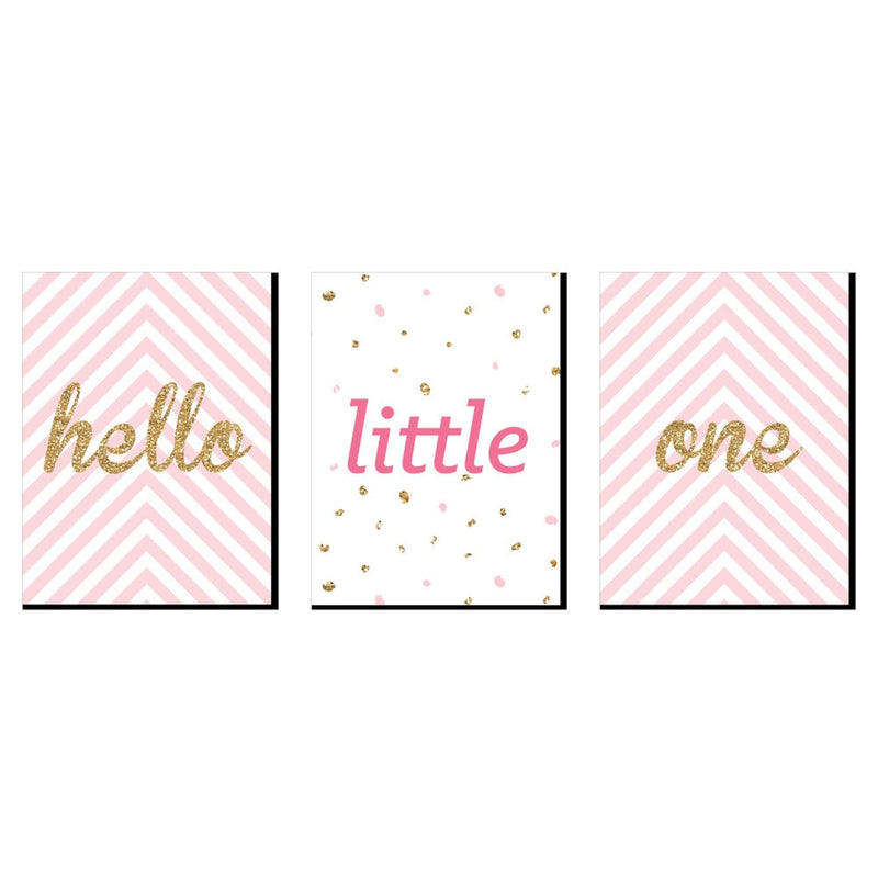Hello Little One - Pink and Gold - Baby Girl Nursery Wall Art and Kids Room Decor - 7.5 x 10 inches - Set of 3 Prints