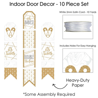 It's Twins - Hanging Vertical Paper Door Banners - Gold Twins Baby Shower Wall Decoration Kit - Indoor Door Decor